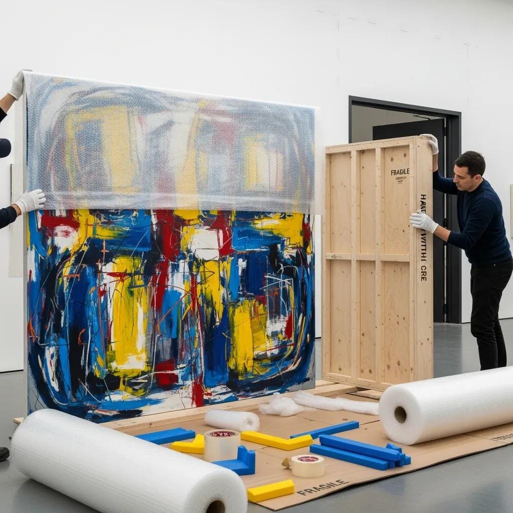 An art piece being carefully wrapped for transport, highlighting techniques for securing valuable artwork