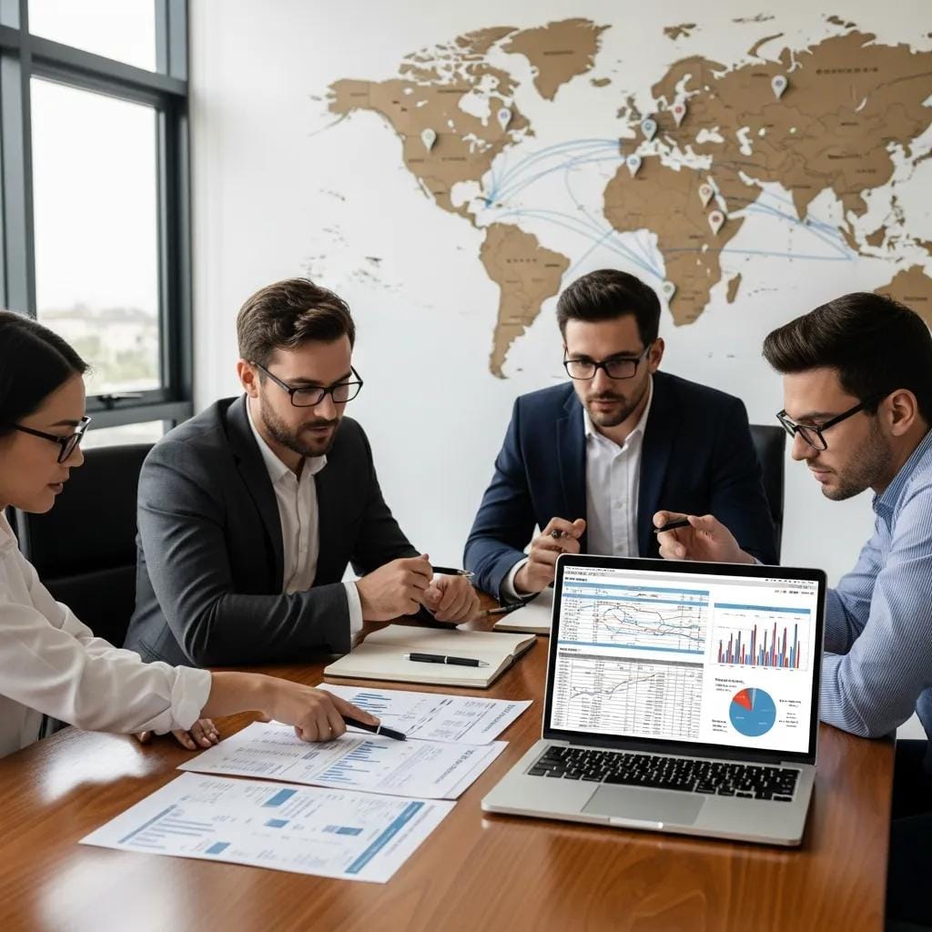 Business professionals discussing reliable shipping options with documents and a world map