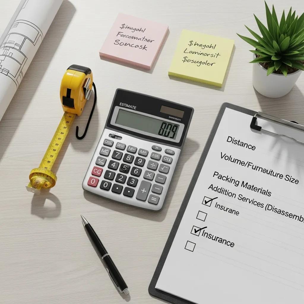 Calculator and checklist illustrating factors affecting moving costs, emphasizing planning