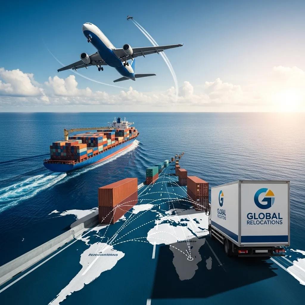 Cargo ship and airplane representing international moving logistics with a moving truck