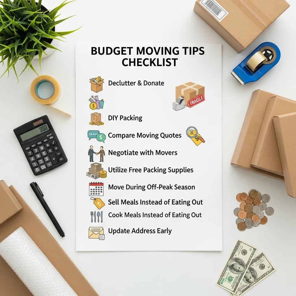 Checklist of budget moving tips with packing supplies and a calculator