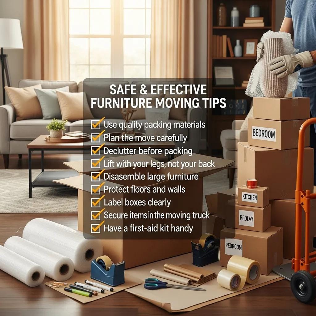 Checklist of tips for safe and effective furniture moving with packing supplies
