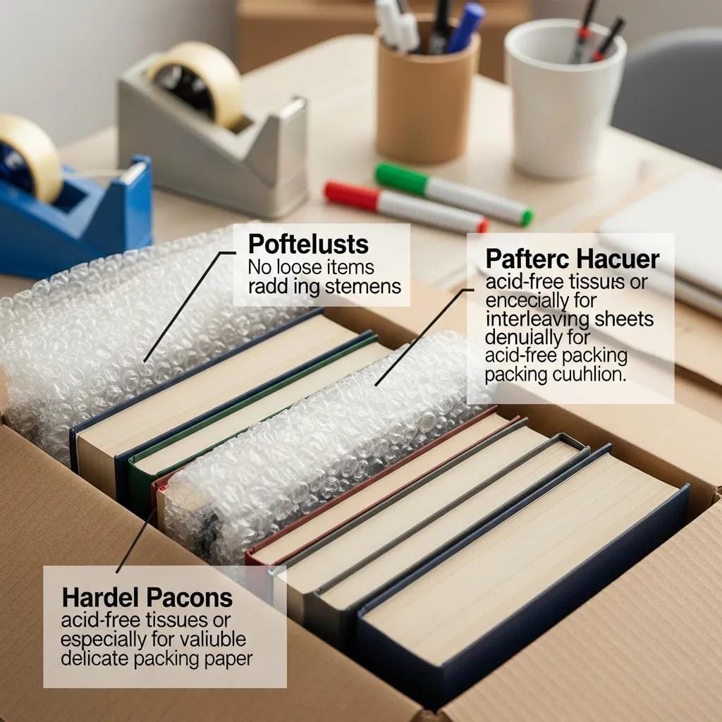 Close-up of packed hardcover and paperback books using protective materials
