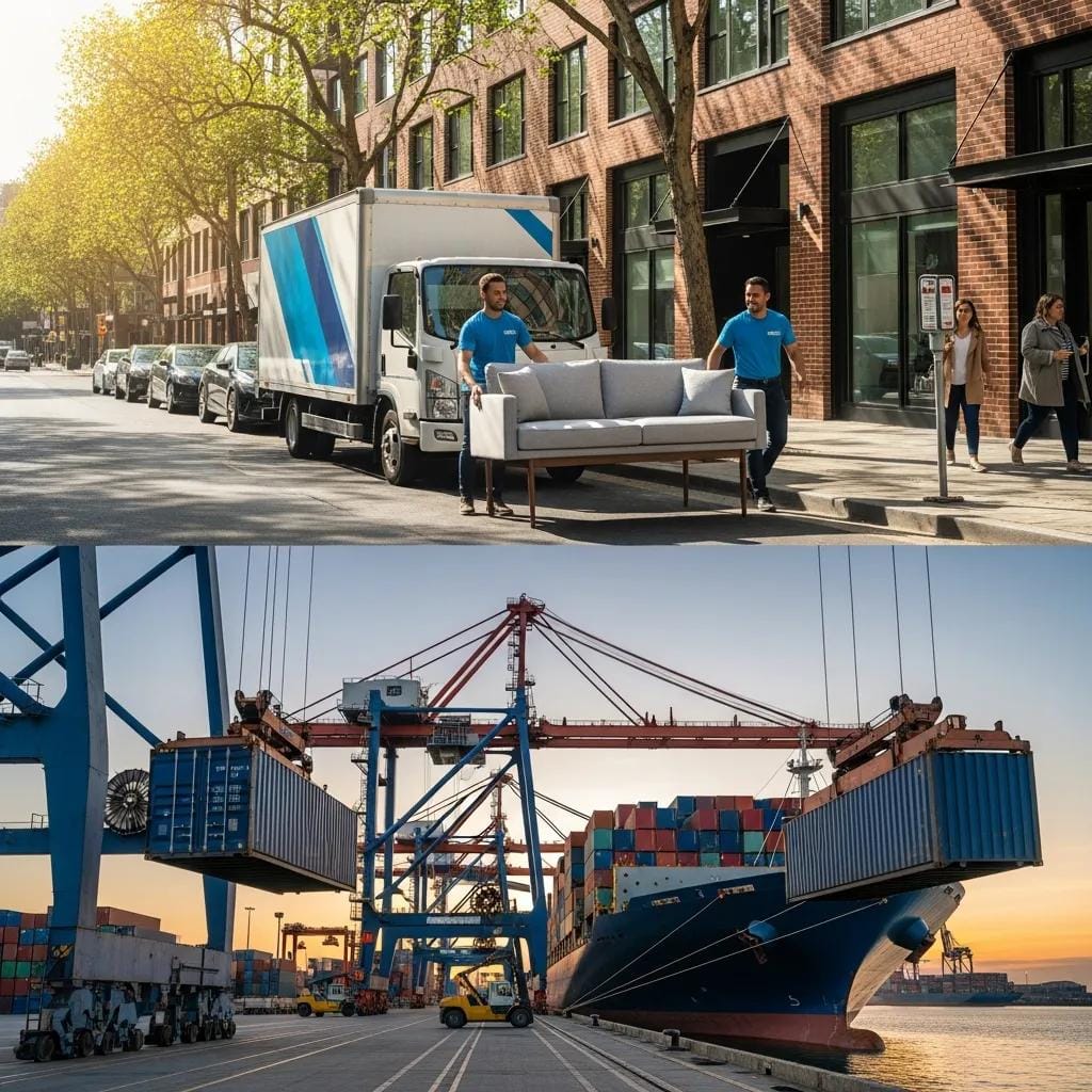 Contrasting scenes of local and international furniture shipping, showcasing different transportation methods