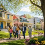 Diverse group of people exploring a neighborhood with houses, representing local real estate opportunities