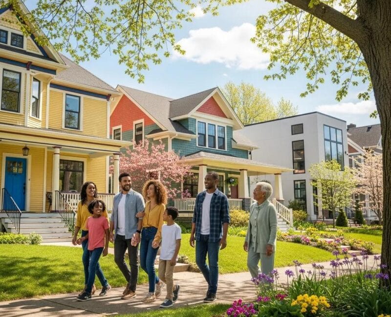 Diverse group of people exploring a neighborhood with houses, representing local real estate opportunities