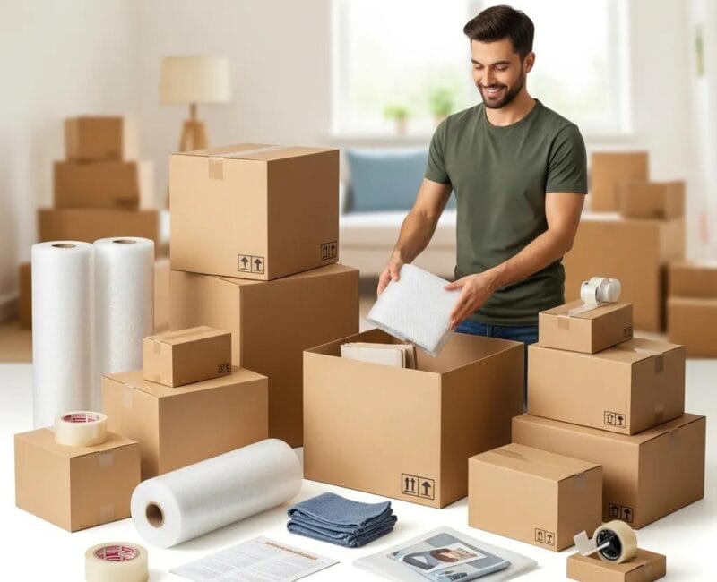 Engaging moving scene with packing materials and a person organizing belongings