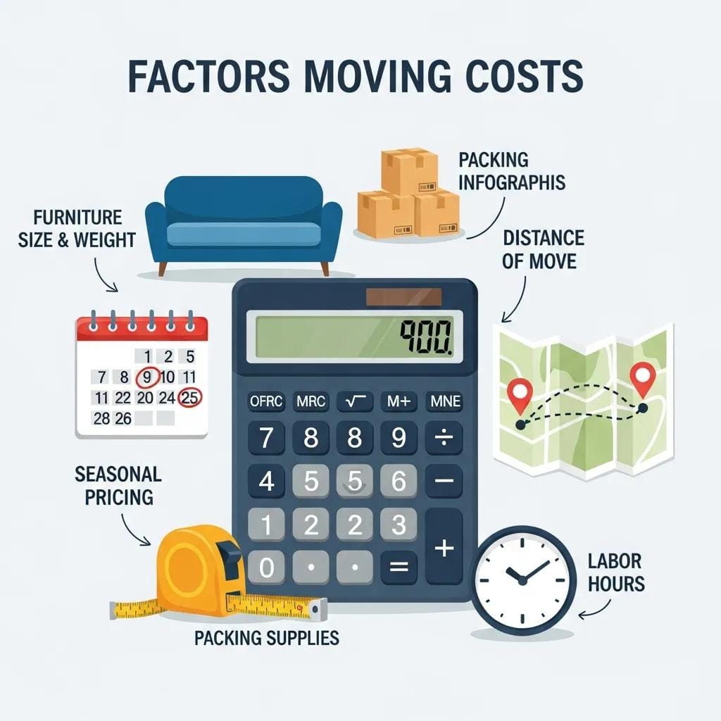 Factors affecting moving costs including distance, furniture size, and seasonal pricing