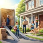 residential moving company - Family moving into a new home with movers unloading boxes from a truck