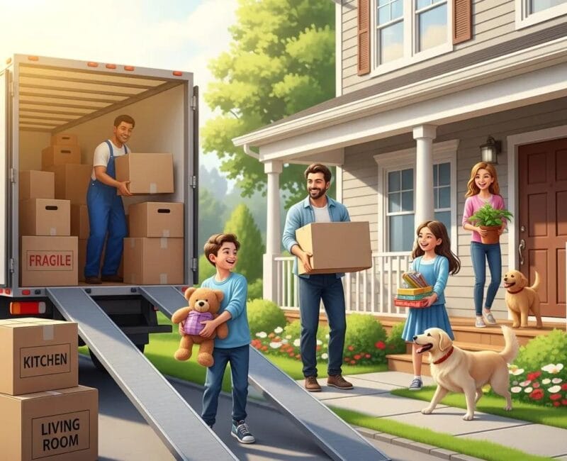 residential moving company - Family moving into a new home with movers unloading boxes from a truck