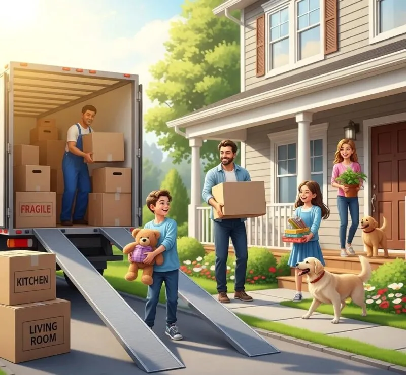 Family moving into a new home with movers unloading boxes from a truck