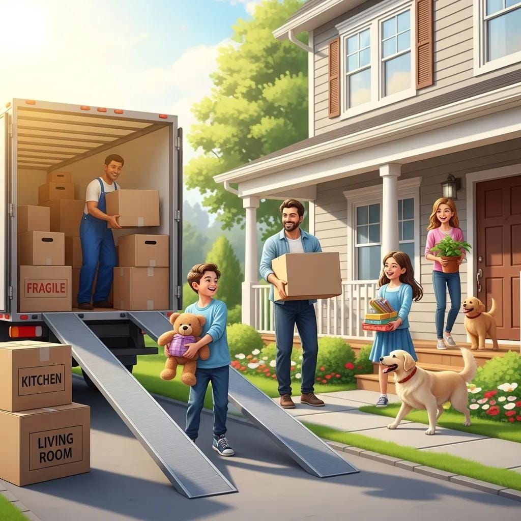 Family moving into a new home with movers unloading boxes from a truck