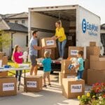 Family packing for a budget-friendly move with boxes and a moving truck