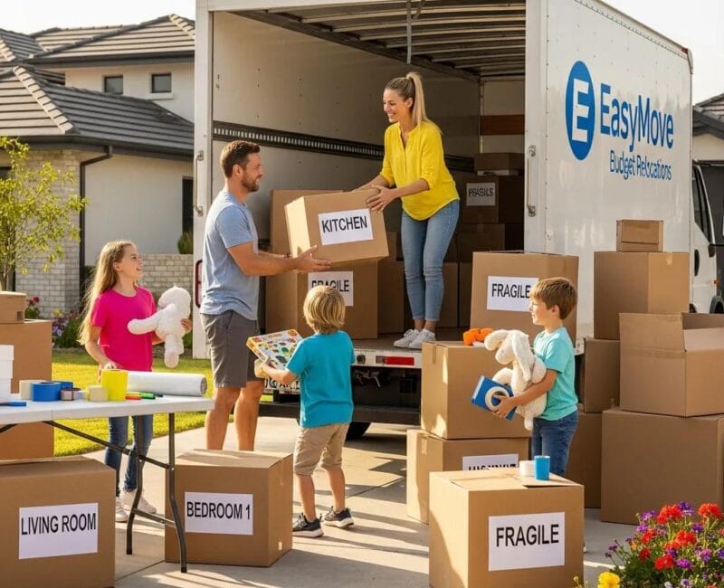 Family packing for a budget-friendly move with boxes and a moving truck