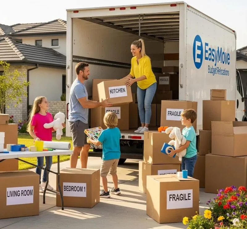 Family packing for a budget-friendly move with boxes and a moving truck
