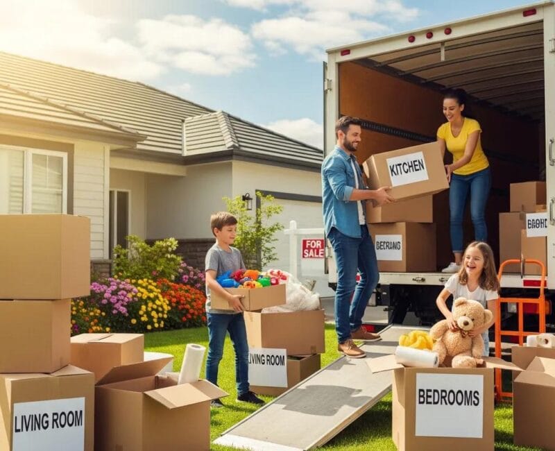 Family packing for a move, showcasing excitement and organization in the moving process