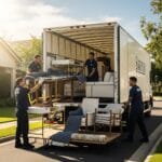 Furniture being loaded onto a delivery truck, representing furniture shipping services