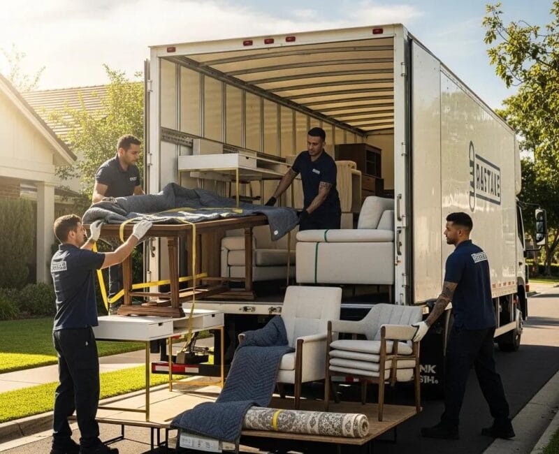 Furniture being loaded onto a delivery truck, representing furniture shipping services