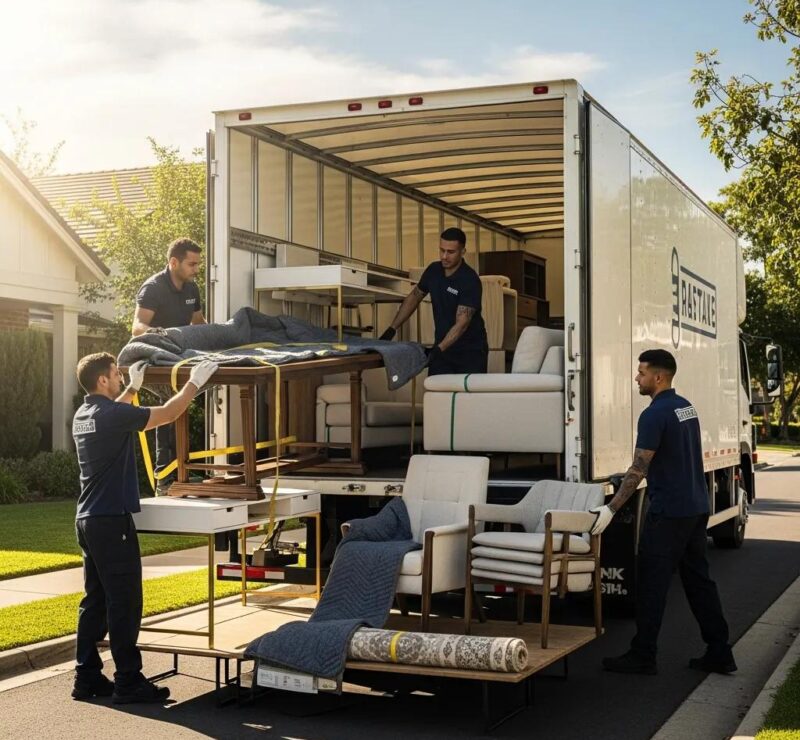 Furniture being loaded onto a delivery truck, representing furniture shipping services