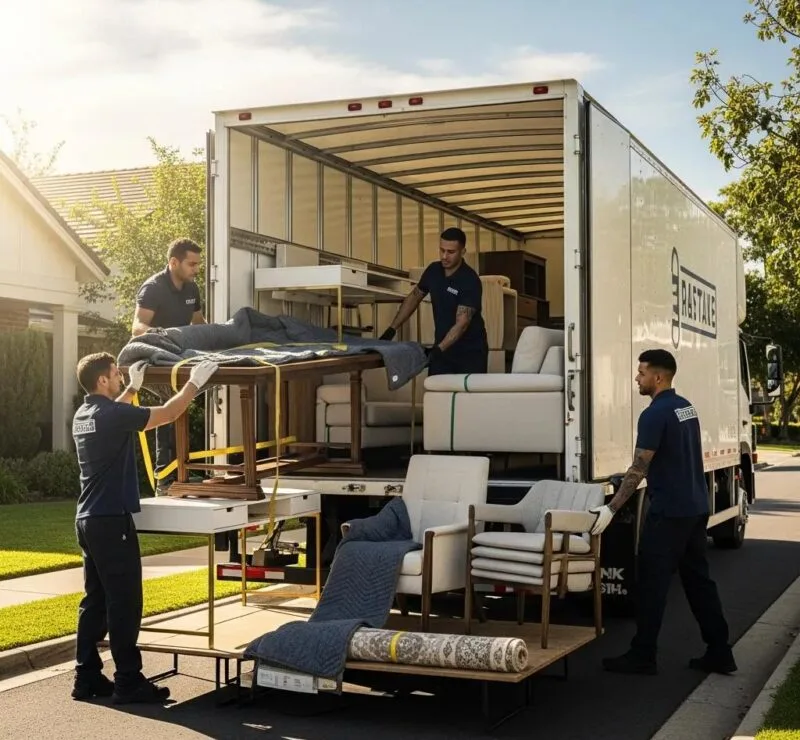 Furniture being loaded onto a delivery truck, representing furniture shipping services