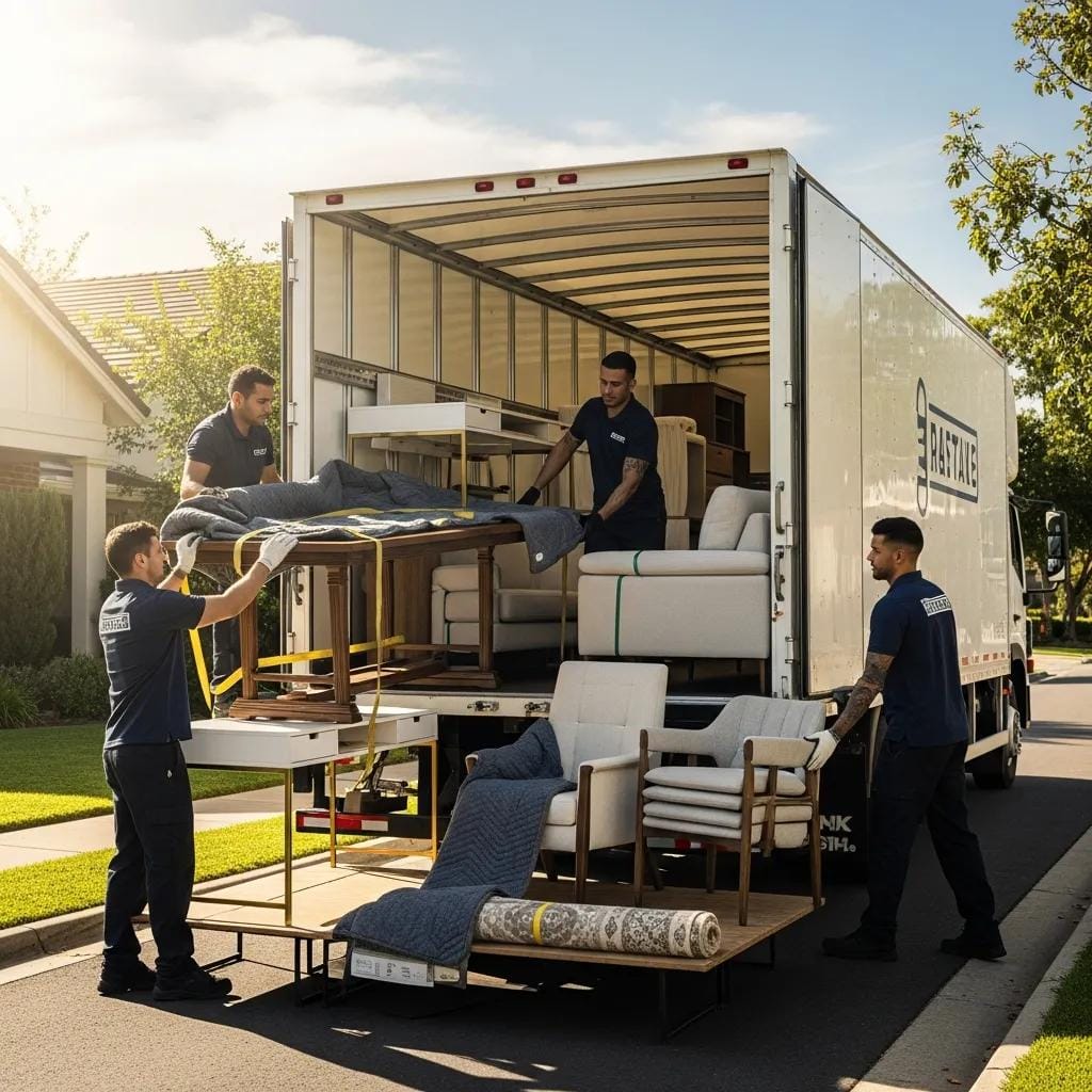 Furniture being loaded onto a delivery truck, representing furniture shipping services