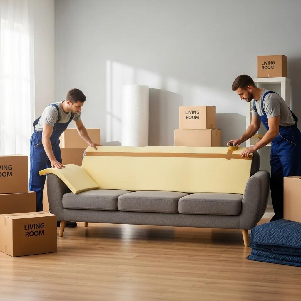 Furniture being wrapped with protective materials for safe transport