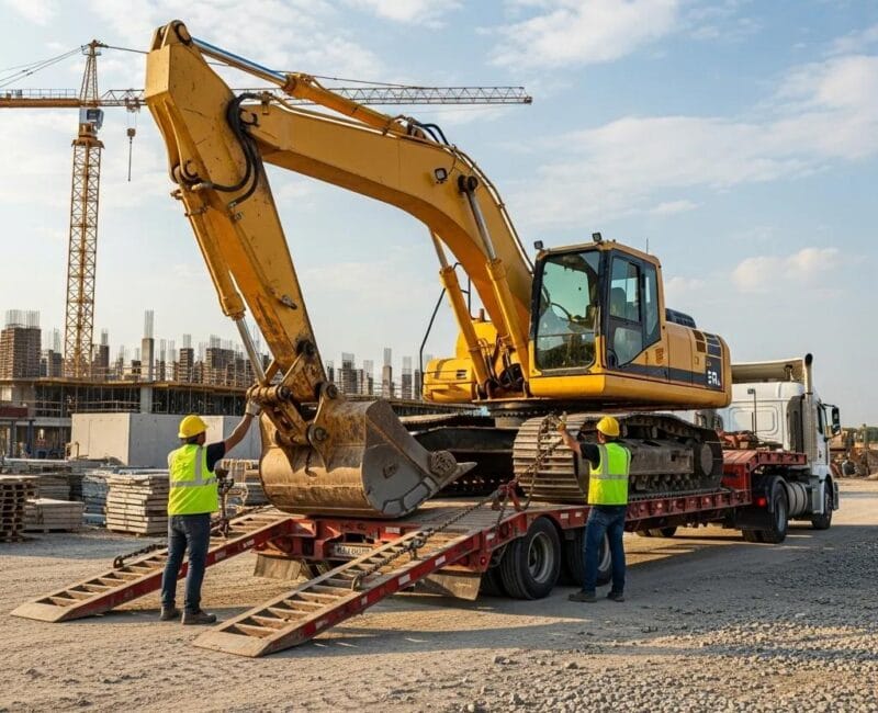 Heavy machinery being loaded onto a transport truck at a construction site, representing specialized transport services