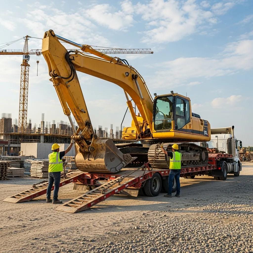 Heavy machinery being loaded onto a transport truck at a construction site, representing specialized transport services