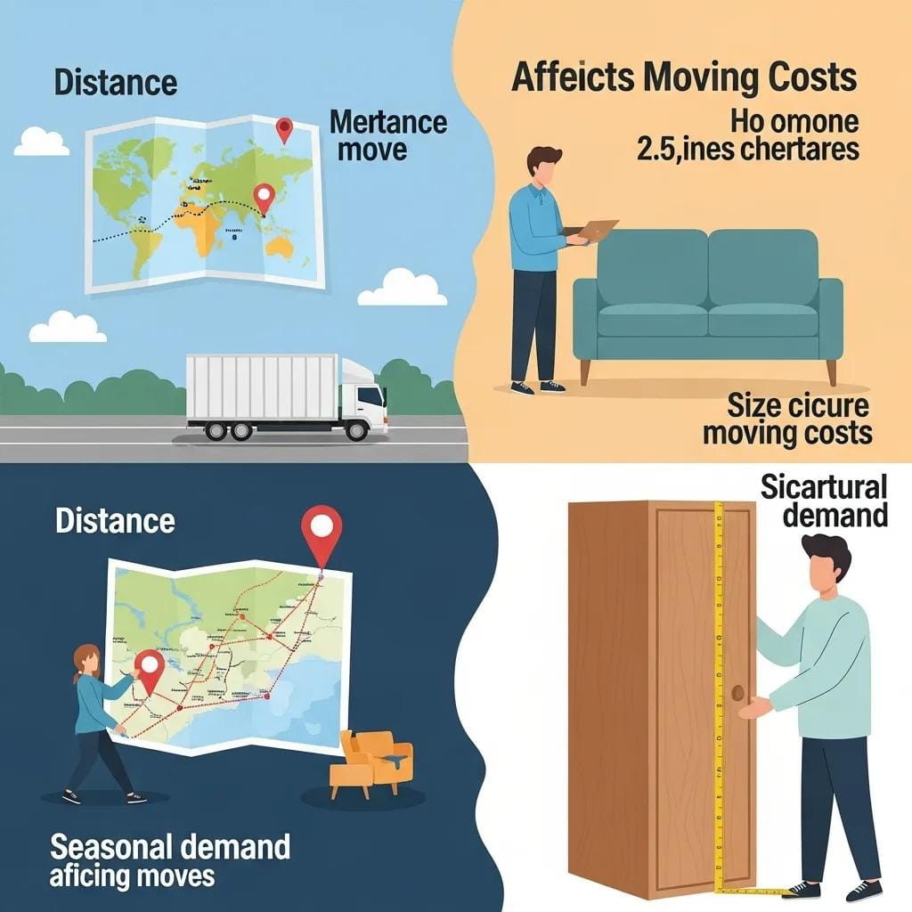 Illustration of factors affecting moving costs including distance and furniture size