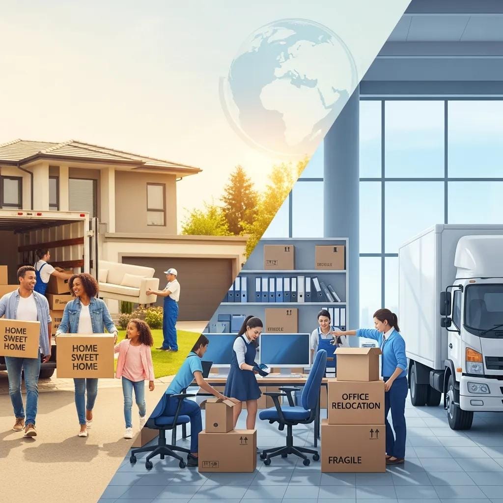 Illustration of residential and office moving services with families and employees packing
