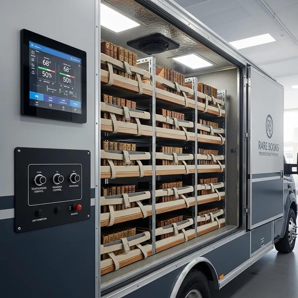 Interior of a climate-controlled transport vehicle for rare books