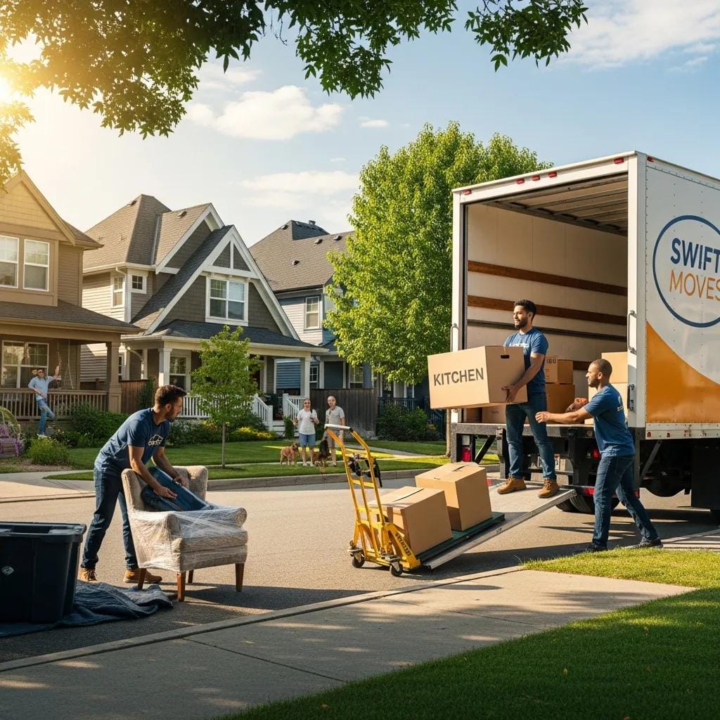 Local movers packing and loading items into a truck in a neighborhood