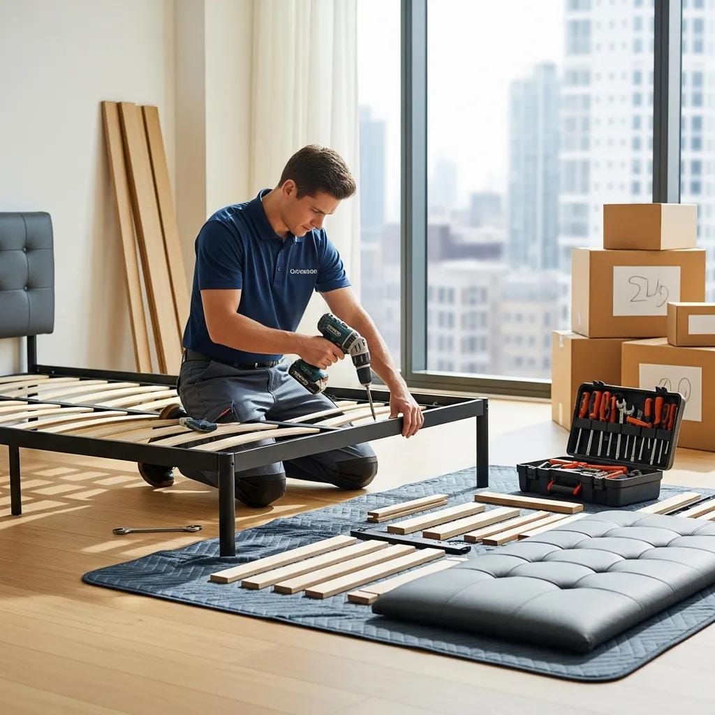 Mover assembling a bed in a new apartment with tools and furniture parts