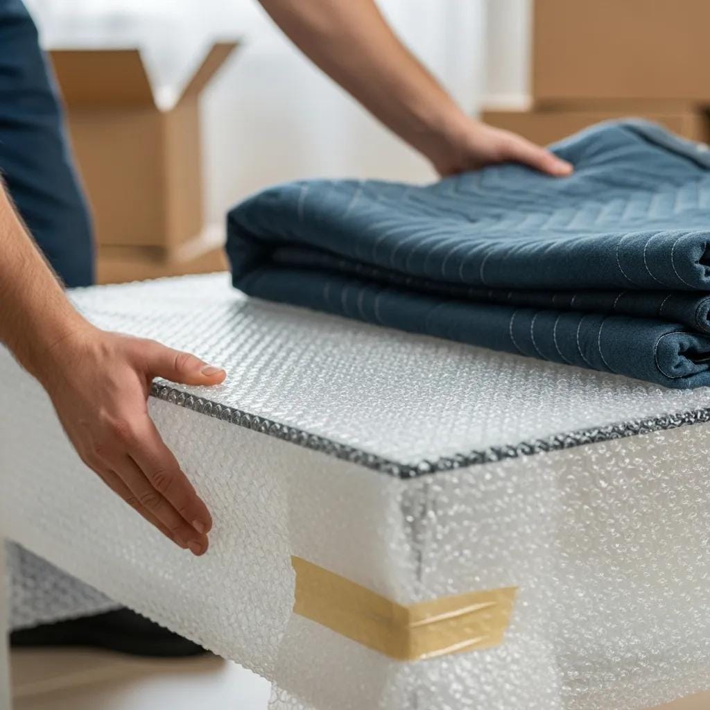 Mover wrapping a glass table with bubble wrap for safe transportation