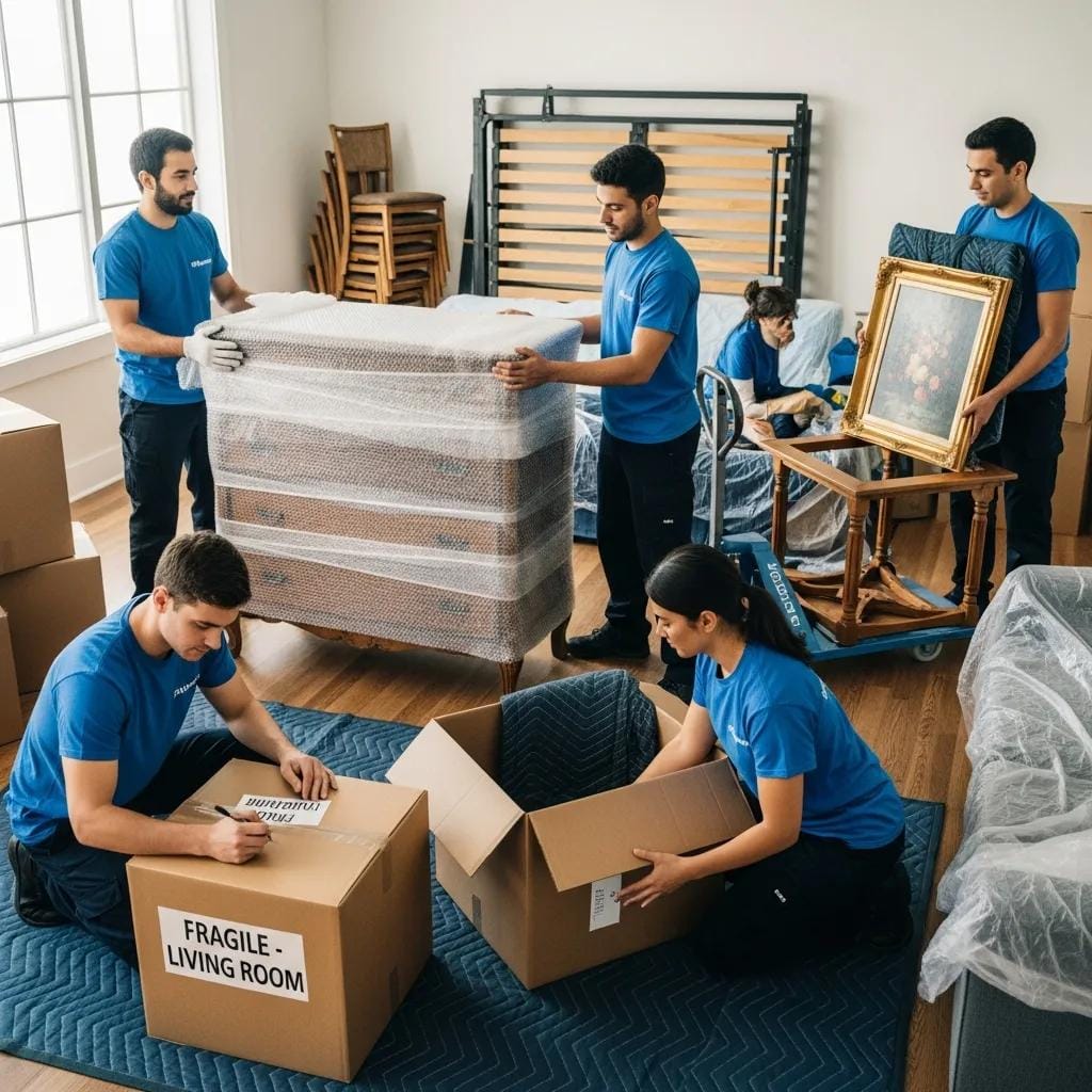 Movers packing furniture into boxes with protective materials, showcasing professional packing services for long-distance moves