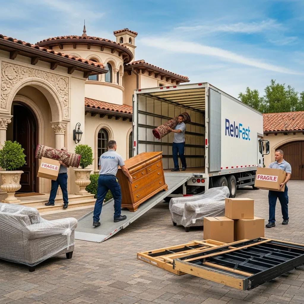Movers unloading furniture from a truck outside a villa in Ras Al Khaimah