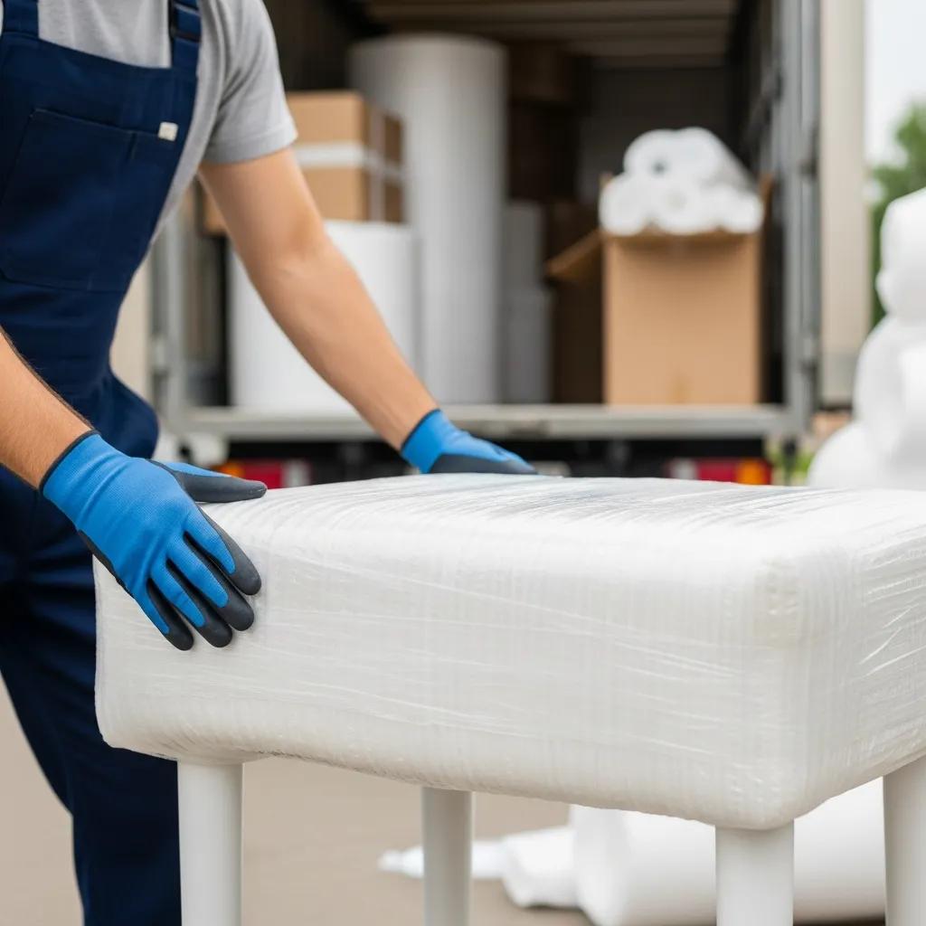 Moving professional wrapping furniture with protective materials, emphasizing careful packing services