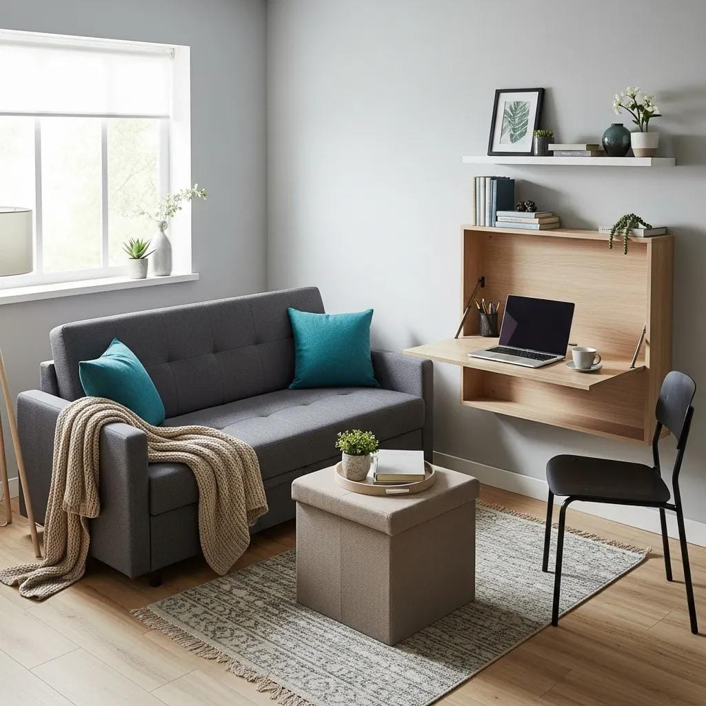 Multifunctional furniture in a compact living space demonstrating space-saving solutions