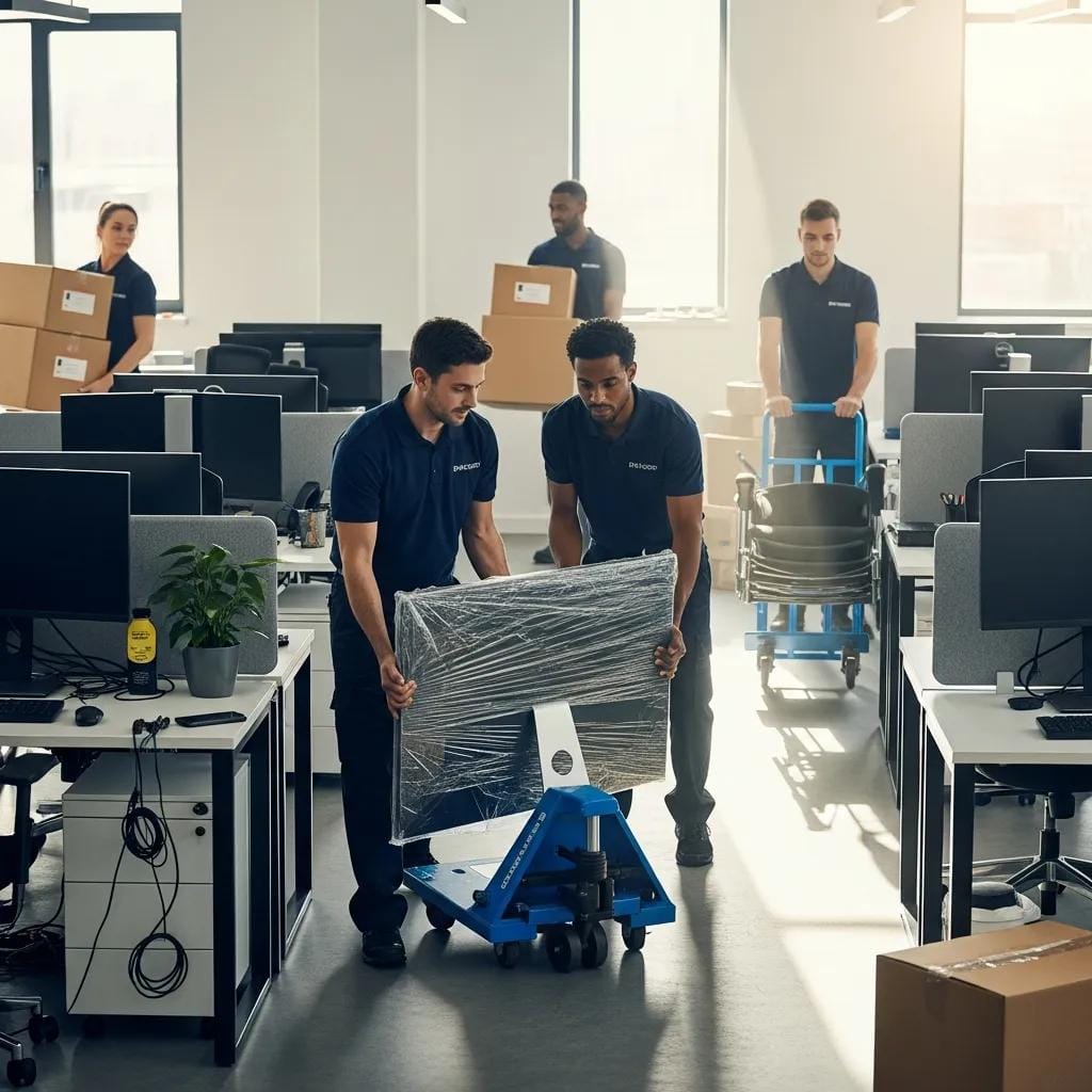 Professional team moving office furniture and equipment during a Sharjah relocation
