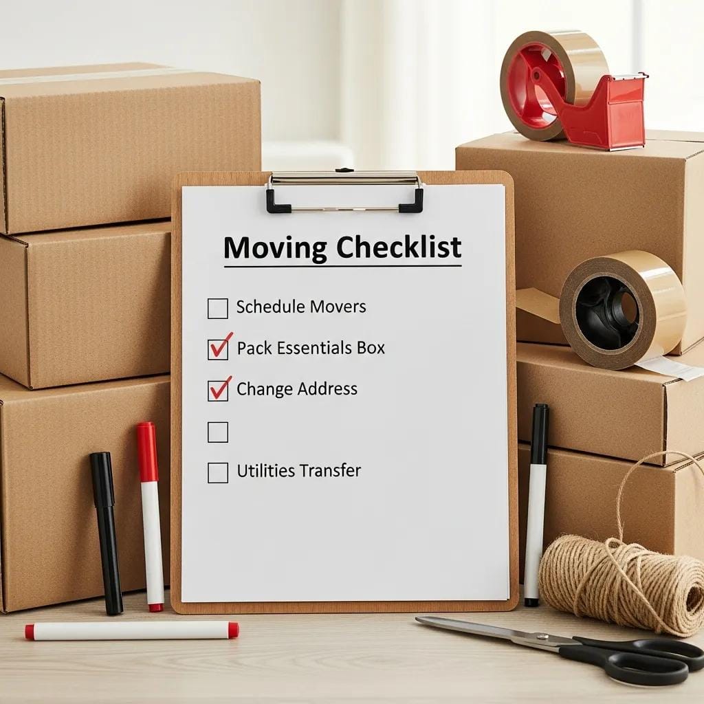 Organized moving checklist with packing supplies ready for moving day