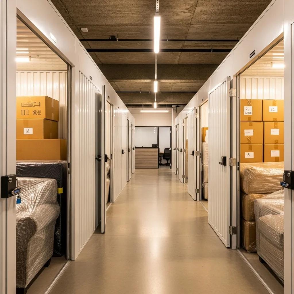 Organized storage facility with packed furniture and boxes for temporary storage in Ras Al Khaimah