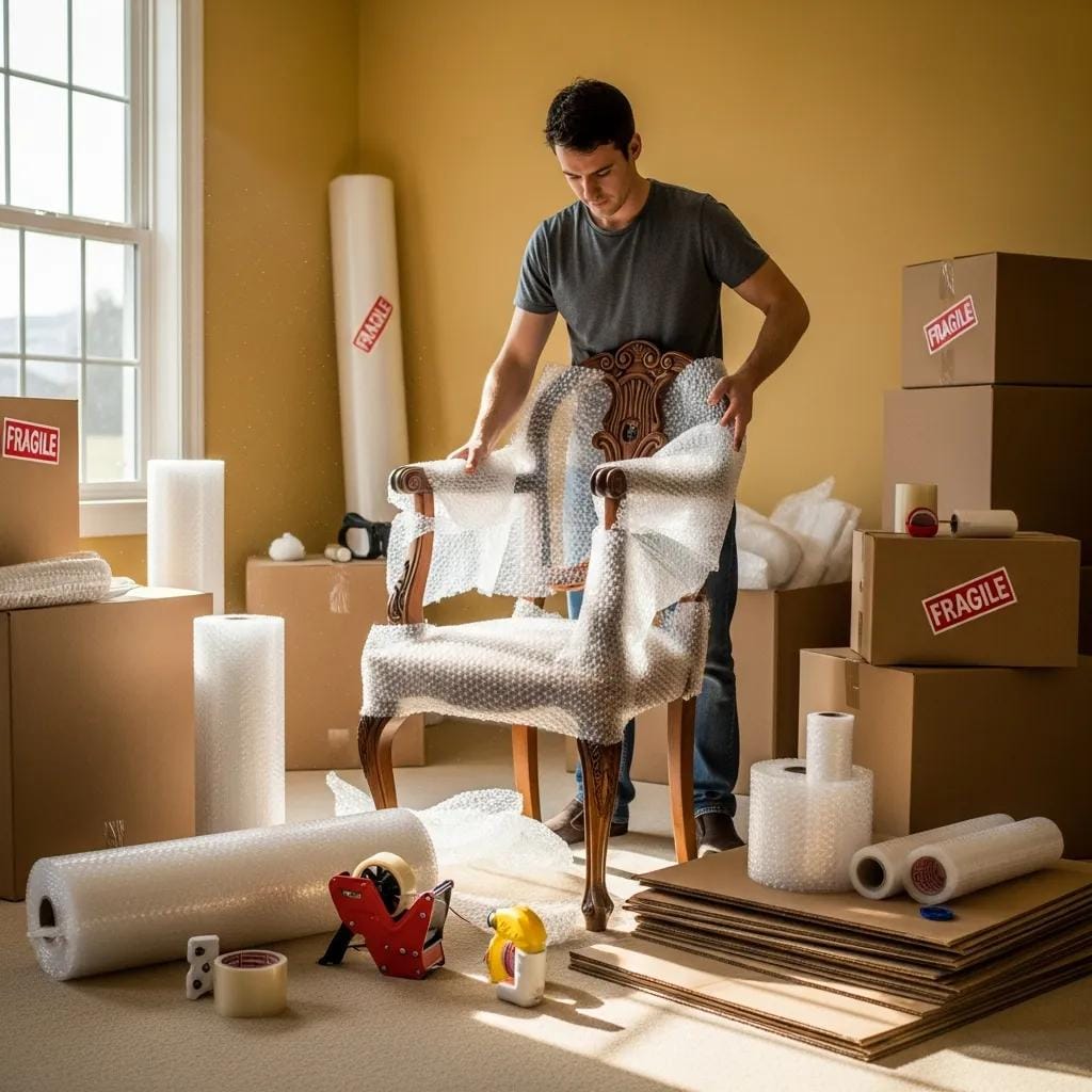 Packing furniture with bubble wrap and boxes in a well-organized room