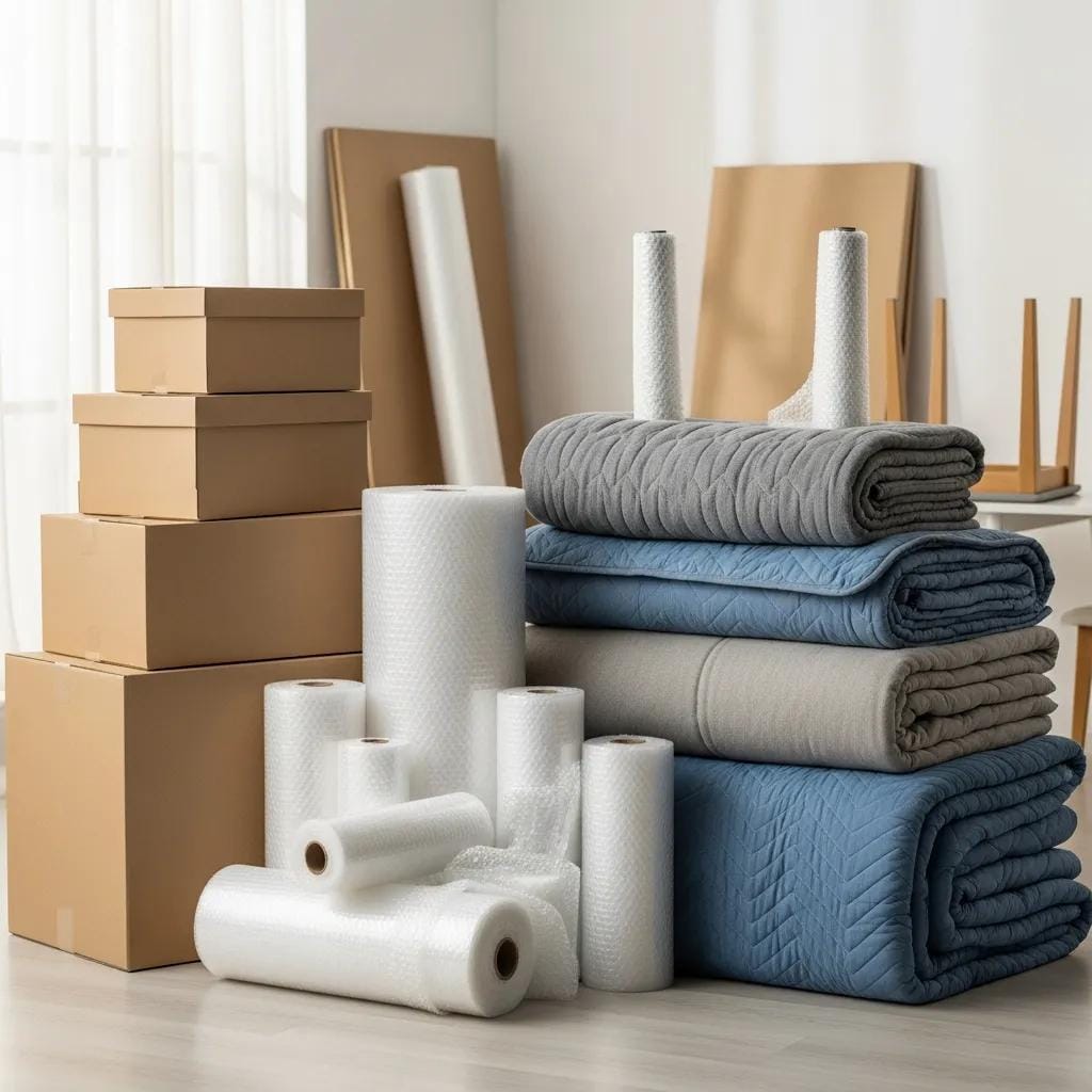 Packing materials for furniture protection including boxes and bubble wrap