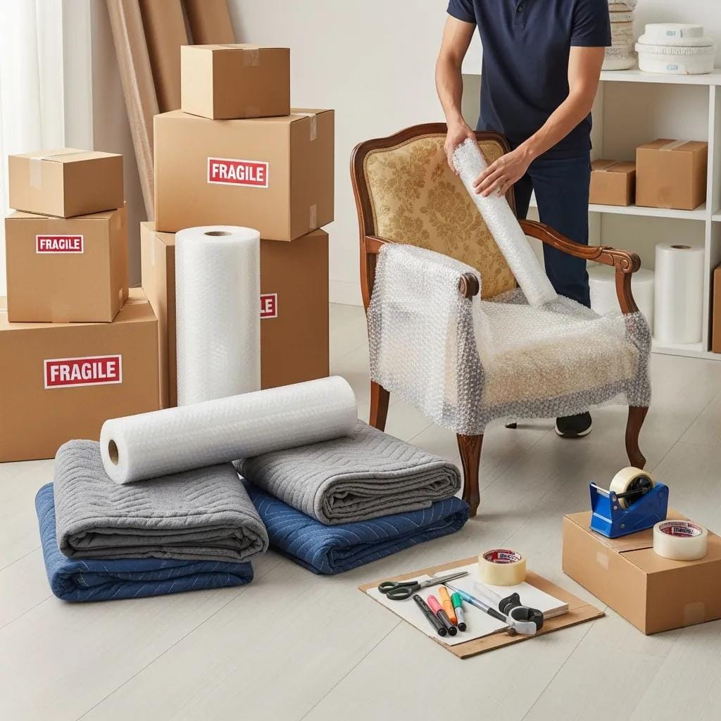Packing materials surrounding a piece of furniture, demonstrating safe packing practices for shipping
