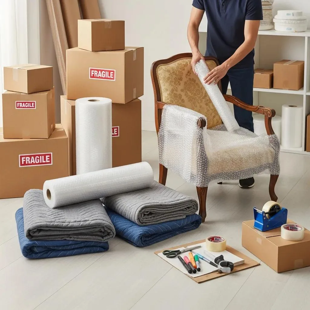 Packing materials surrounding a piece of furniture, demonstrating safe packing practices for shipping