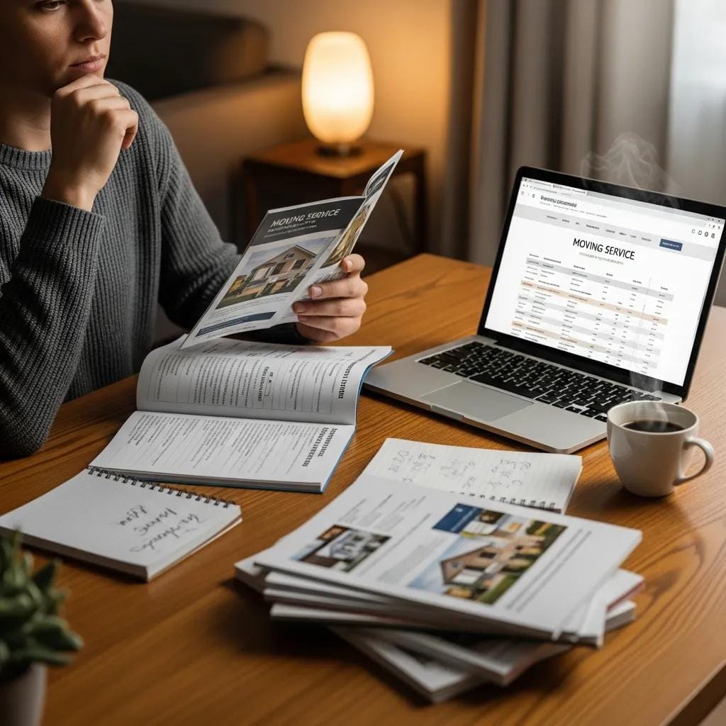 Person comparing moving company options at a desk, illustrating the selection process for moving services