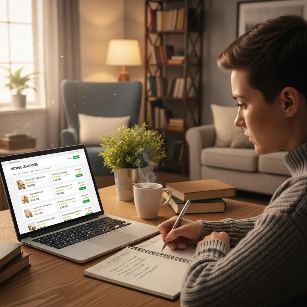 Person researching moving companies on a laptop in a cozy living room