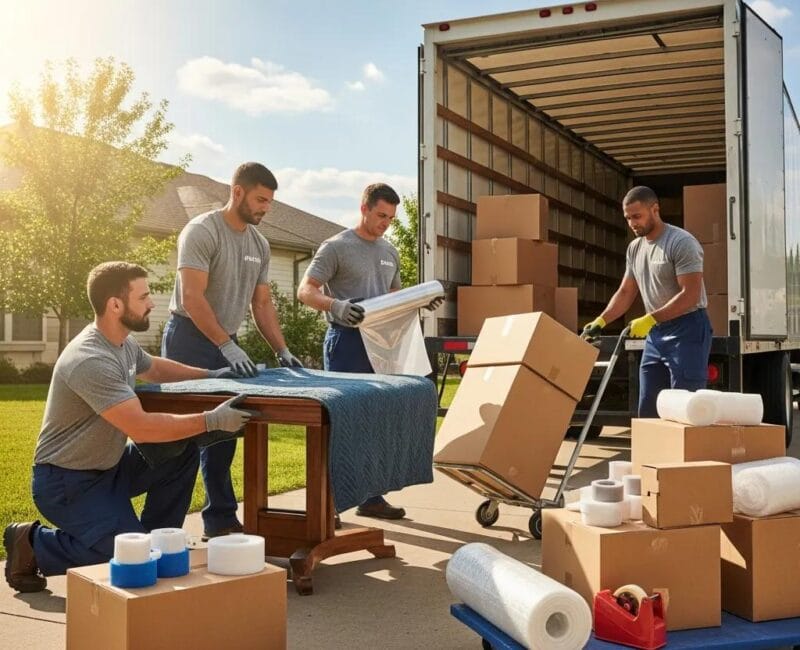 Professional furniture movers packing and loading items into a truck, representing reliable moving services in Lebanon