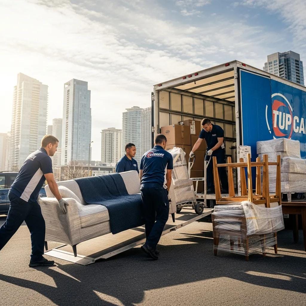 Professional movers handling furniture during a city move, showcasing care and expertise