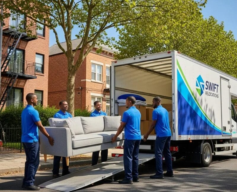Professional movers handling furniture during a relocation process in an urban setting